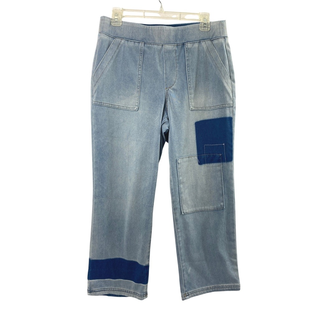 LOGO Lori Goldstein Jeans Women 8P Straight Leg Patchwork Blue Pull On‎ Cropped